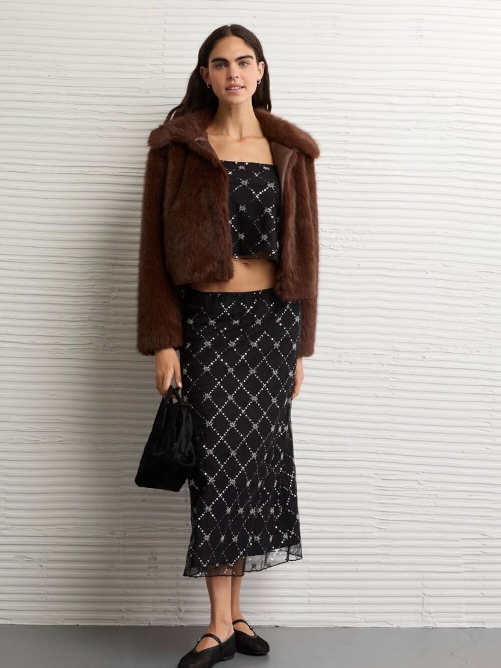 AE Sequin Mesh 2 Piece Set Cami Top & Maxi Skirt Black XS NWT